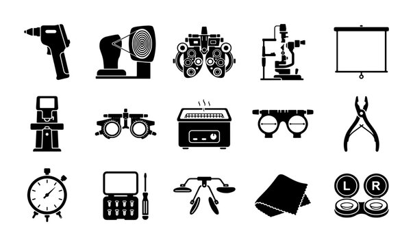 Optometry equipment icons set, professional ophthalmology medical tools vector, 15 black eye care diagnostic symbols for clinic