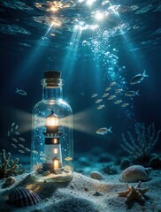 Fototapeta premium Miniature lighthouse in glass bottle underwater on seabed. Fish swim around light beam from beacon. Sun rays filter through ocean water. Sandy bottom with shells.
