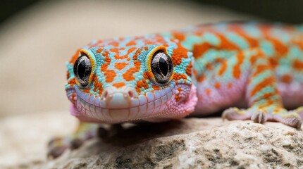 Naklejka premium Colorful gecko rests on textured rock with large detailed eyes. Reptile shows vibrant skin patterns of orange and blue. Wildlife creature in natural habitat. Macro animal photo.