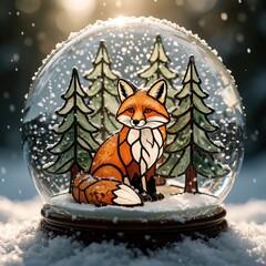 Naklejka premium Glass snow globe with orange fox inside winter forest. Miniature fox sits among pine trees under falling snow. Magical decorative ornament with whimsical wildlife scene on white snowy surface during
