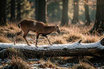 Naklejka premium Female mouflon walks on a snow covered tree trunk in a forest during winter. Warm sunlight filters through trees illuminating dry grass and sparse snow patches.