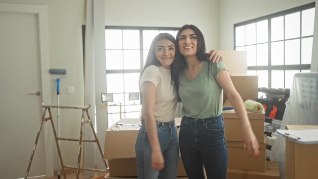 Two women hugging with arm around shoulder beside stacked cardboard boxes in an apartment room inside a building; sisterhood joy.