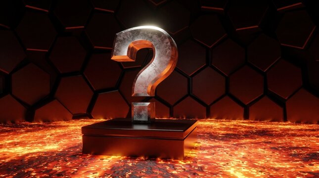 Glowing silver question mark stands on dark pedestal in fiery room. Metallic symbol shines above hot lava floor with hexagonal wall background. Abstract concept of mystery, problem, unknown solution