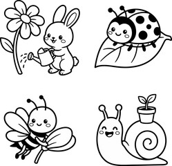 Fototapeta premium Coloring page set featuring a cute rabbit watering a flower, a ladybug on a leaf, a flying bee, and a snail carrying a potted plant