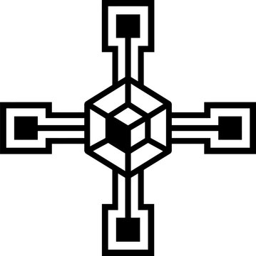 Black and white geometric featuring a central cube surrounded by four symmetrical cross-shaped arms with square terminals
