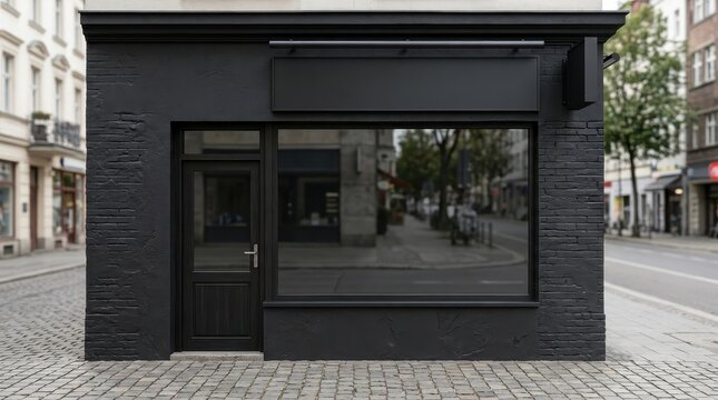 Modern black storefront facade with large display window and blank sign mockup