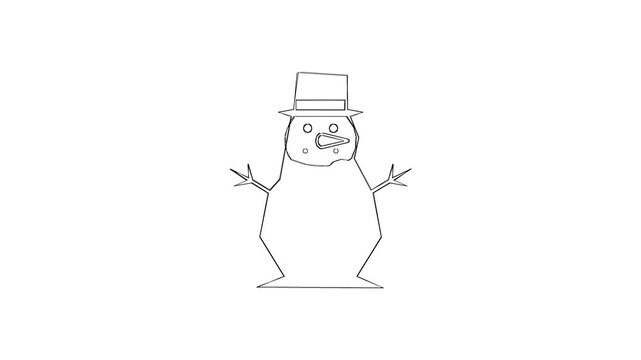 A simple black and white line drawing of a cute snowman wearing a top hat.