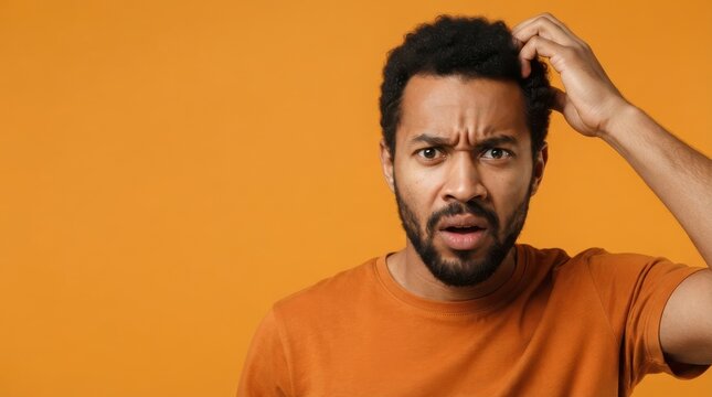 Confused young African American man scratching head