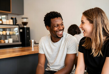 Obraz premium Friendship and social connection, diverse young couple laughing and talking in a modern cafe or coffee shop