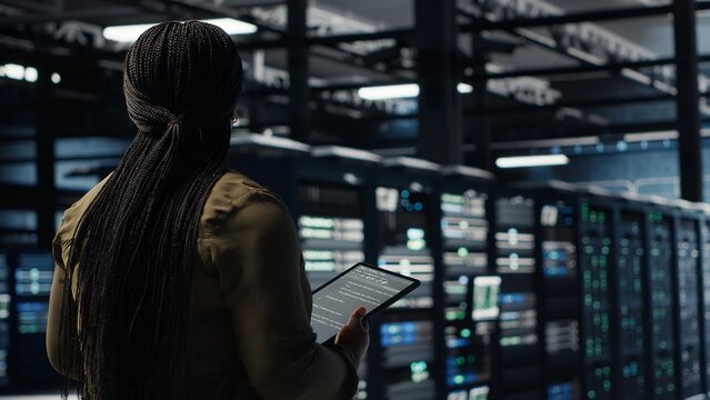 Engineer in a data center uses a tablet to deploy secure server architecture while an African American woman rolls out a cybersecurity framework in the server hub for data protection.