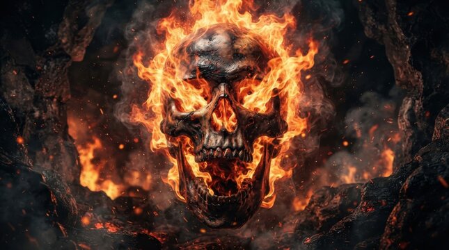 Burning human skull engulfed in fierce flames inside a dark cave