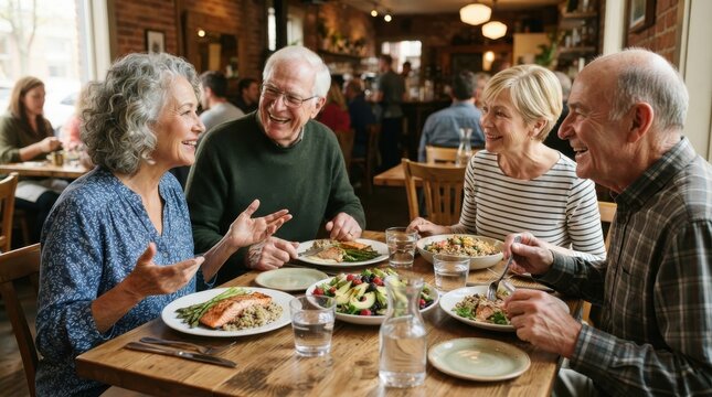 Happy senior friends having dinner together at a restaurant