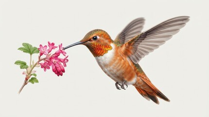 Naklejka premium Hummingbird feeding on pink flowers in flight