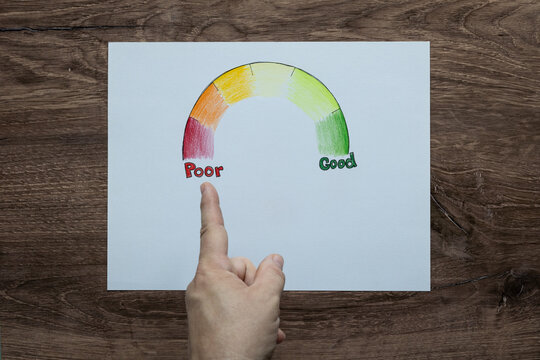 Photo of progress ark red to green, poor to good hand drawn graphic figure pointing at the word poor. Birds eye view background.