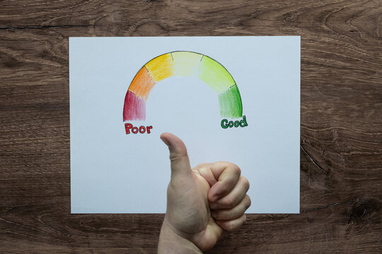 Semi-Circular poor to good graphic hand written on white sheet of paper with a hand giving a thumbs up. Flat lay background