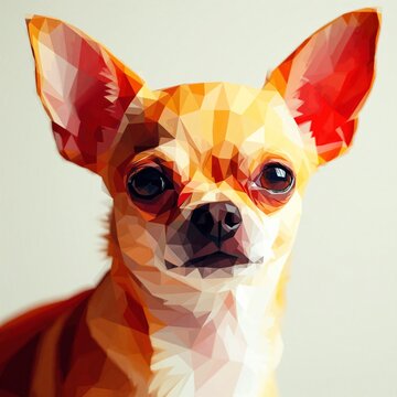 Chihuahua dog face rendered in low poly geometric art style. Small canine pet portrait with big ears has warm orange and beige colors. Cute illustration uses facets and polygons on white background.