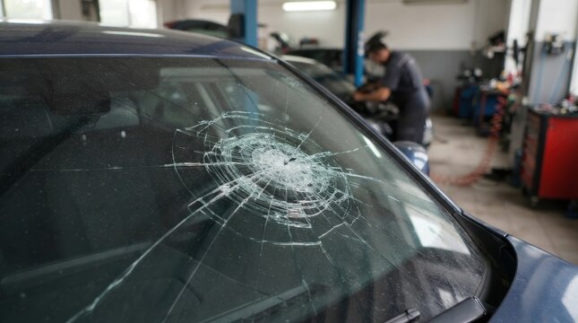 Broken car windshield with spiderweb crack pattern at repair shop