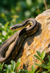 Obraz premium Garter snake on a rock wildlife and nature conservation reptile in natural habitat close up of scales and patterns