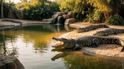 Obraz premium Large crocodiles rest near water body, one opens its fearsome jaws showing sharp teeth. Tropical plants and rocky waterfall form natural habitat within safari park.
