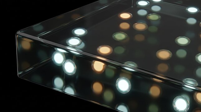 3D glass corner catching warm bokeh light
