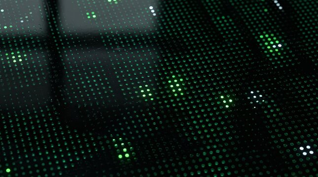 Tiny 3D pixels glowing green in a grid