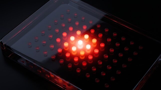 Dense 3D pins glowing red at the center