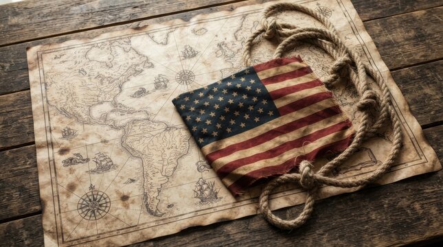 Vintage American flag on an antique world map with rope on wooden table