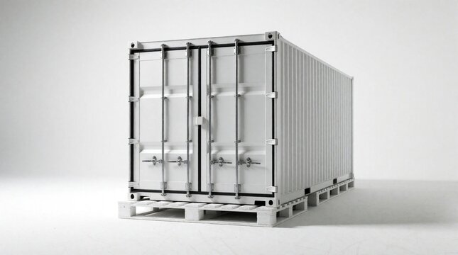 White shipping container stands on wooden pallet inside minimalist studio. Clean industrial object ready for transport, storage, or cargo logistics. Modern freight box.