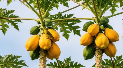 Obraz premium Small bird eats ripe yellow papaya fruit hanging on tree branch. Green unripe fruits and large leaves surround the bounty. Clear sky provides natural light for scene.