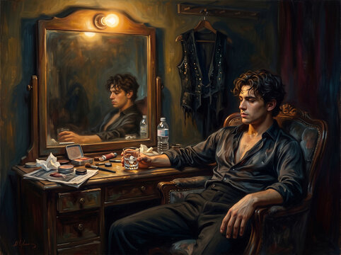 Tired male actor resting backstage in vintage dressing room holding drink near vanity mirror
