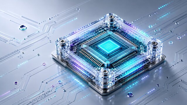 Futuristic microchip processor mounted on sleek circuit board representing artificial intelligence computing power high performance microelectronics hardware modern computer engineering concept