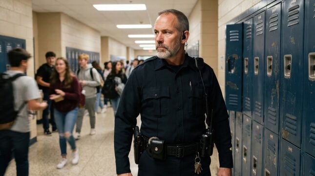 School resource officer patrolling high school hallway with students