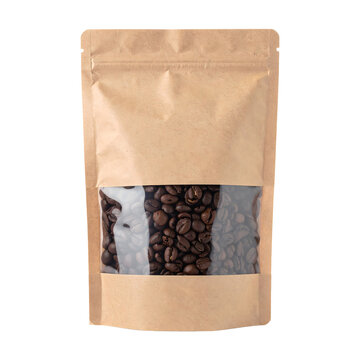 Brown kraft paper coffee bag filled with fresh roasted coffee beans, featuring a clear transparent window, for professional food and beverage product marketing design.