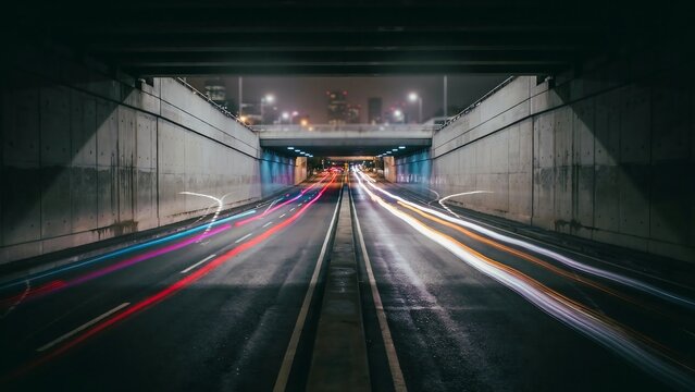 Urban traffic light trails in city tunnel at night, long exposure car lights on highway, cinematic motion blur in underpass