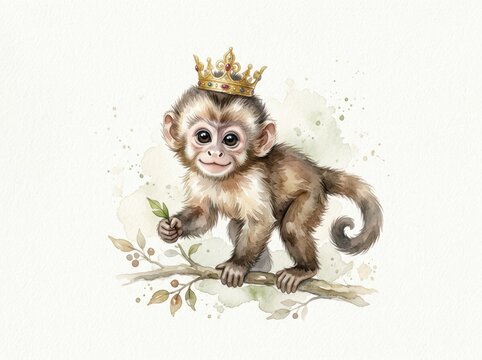Little monkey wearing a royal crown perched on a branch holding a small green leaf.