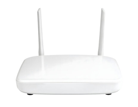 Front view of a modern white WiFi router with a sleek minimalist design and multiple antennas,, ideal for technology, home networking, and internet connectivity themes.