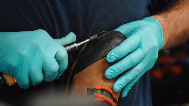 Craftsman in Blue Nitrile Gloves Shaping a Tan Leather Upper with a Rotary Grinder