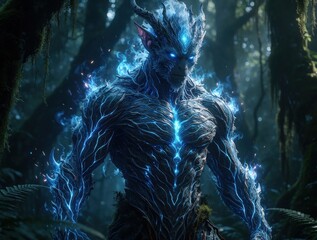 Naklejka premium Powerful blue glowing creature stands in dark forest. Mythical beast with energy veins skin emerges from deep jungle. Supernatural monster guardian with intense eyes protects ancient woods. Fantasy