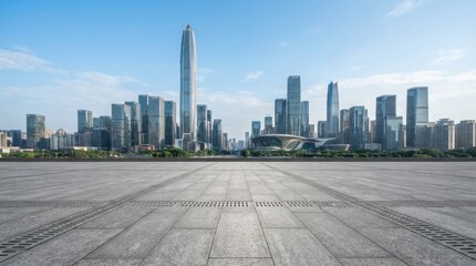 Naklejka premium Modern city skyline with empty stone floor plaza
