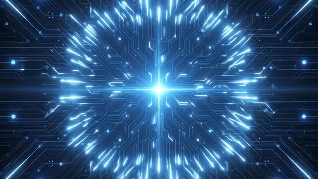 Abstract Blue Circuit Board Cross with Glowing Center