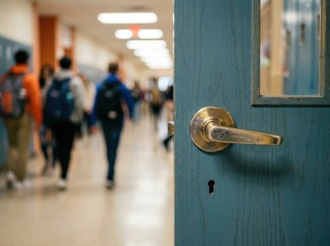 Open door in a busy school hallway filled with walking students