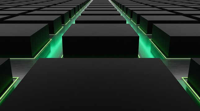 3D modules converge down a glowing green hallway
