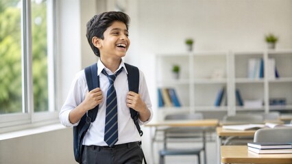 Fototapeta premium Happy young schoolboy wearing a uniform and backpack smiles brightly while standing in a classroom with bookshelves behind him.