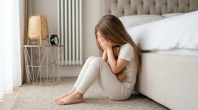 Young girl sits on the floor next to her bed while covering her face in sadness and holding a teddy bear.