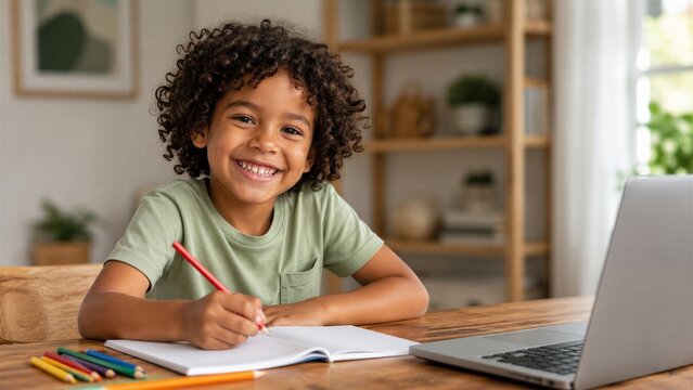 Cheerful African American child sits at a wooden desk, happily writing in a notebook during an online learning session.