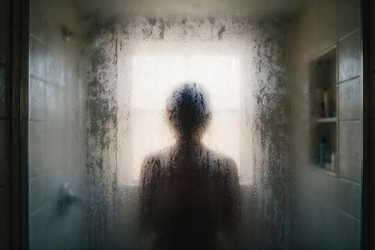 Human silhouette behind a steamed glass shower door showing mystery and isolation