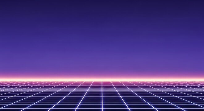 Retro futuristic grid horizon with neon glow in purple and orange tones