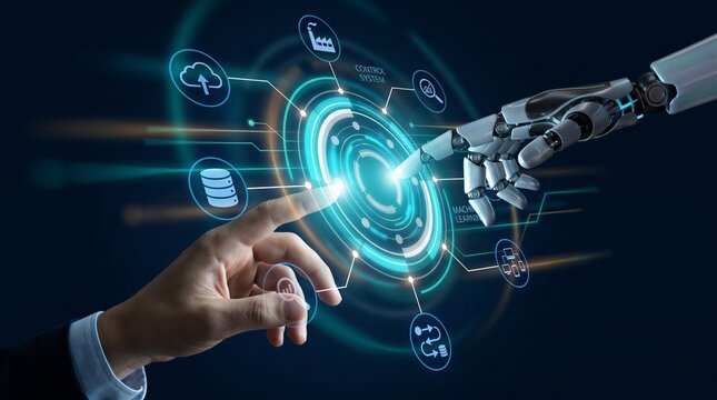 Human and robotic hands interact with a futuristic digital control system featuring icons for cloud computing and machine learning.