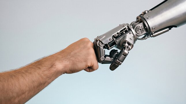 Human hand and a robotic arm perform a fist bump against a light blue background to symbolize cooperation between humans and artificial intelligence.
