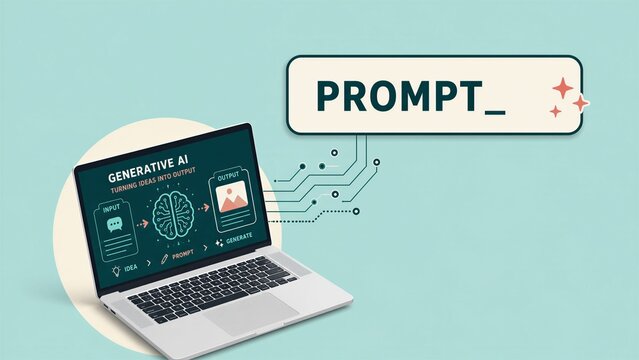 Modern flat vector illustration depicting a laptop screen with a generative AI interface and a large prompt text box.